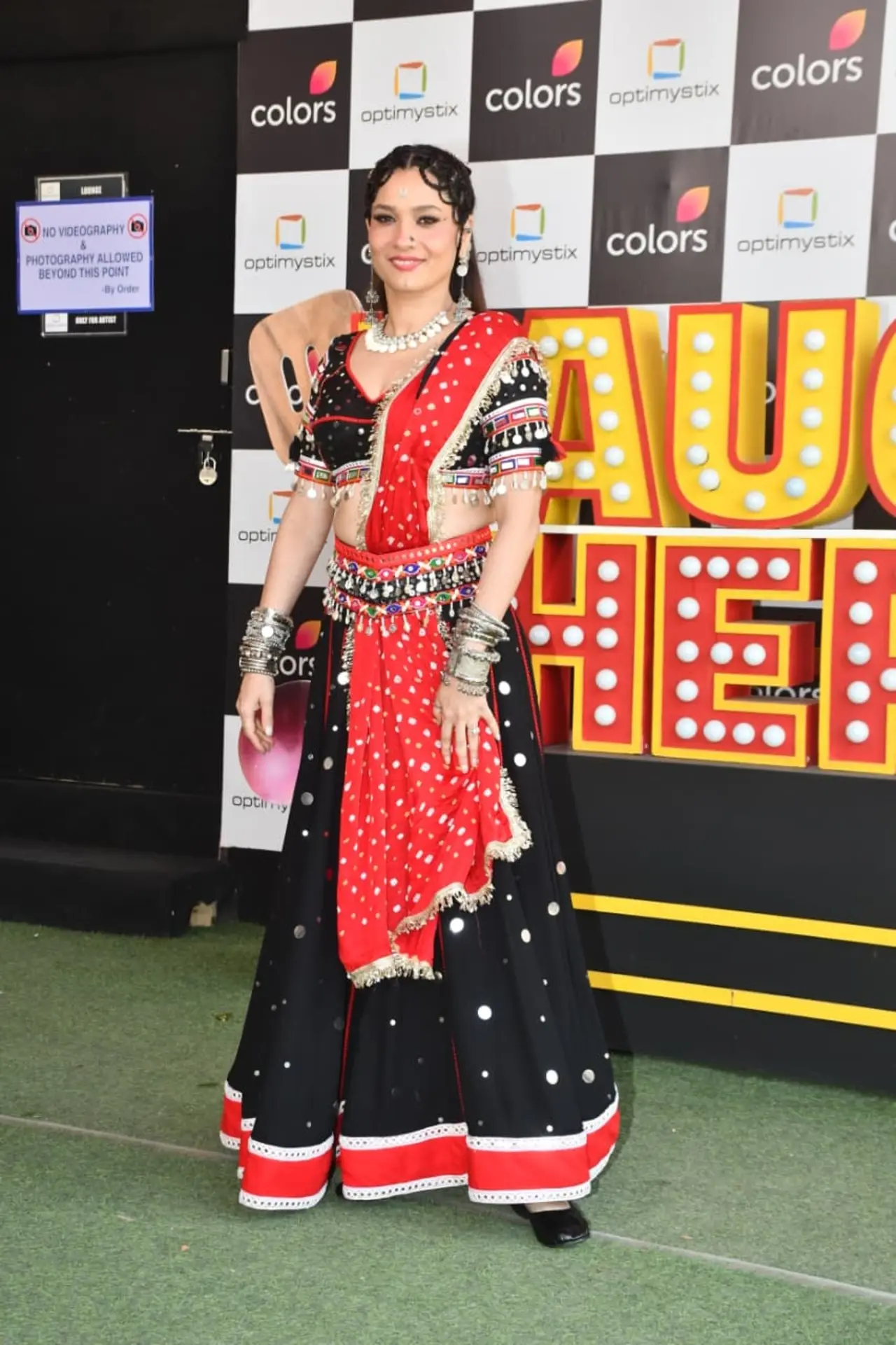 Ankita Lokhande was seen recreating her Banjaran look in black and red mirrored lehenga. She braided hairstyle stole the show.